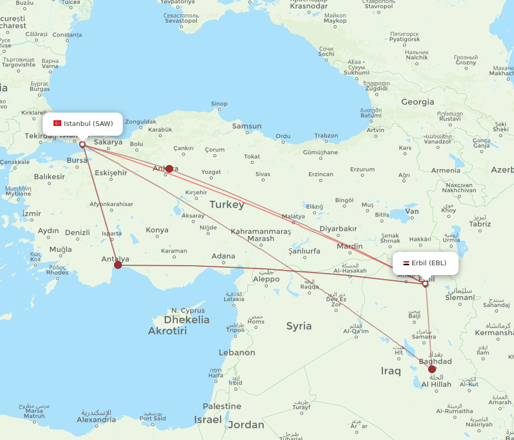 SAW-EBL flight routes