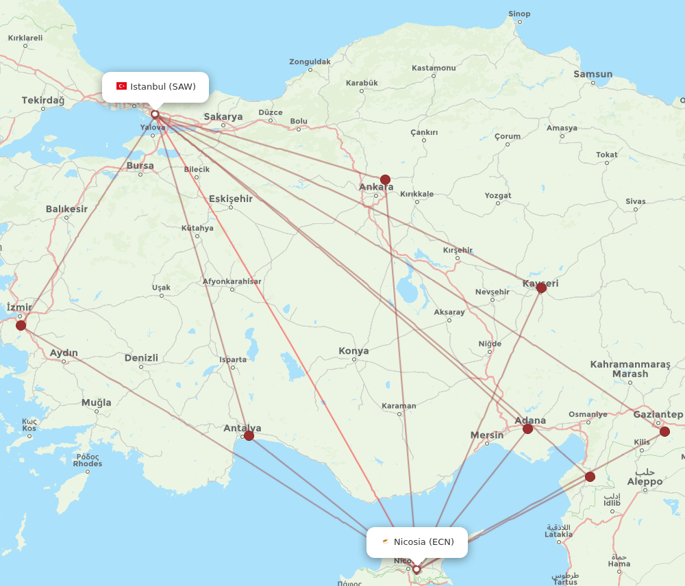 SAW to ECN flights and routes map