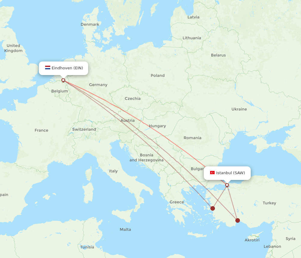 SAW to EIN flights and routes map