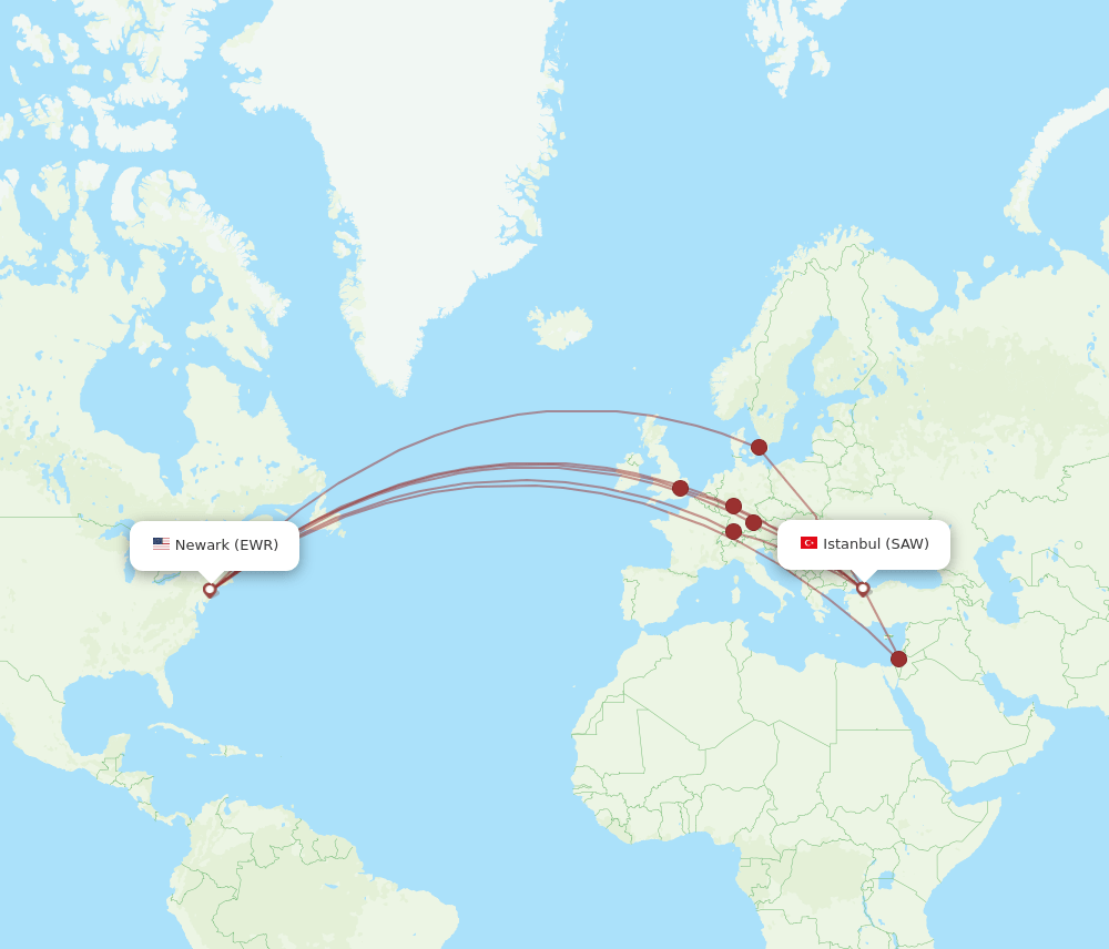 SAW-EWR flight routes