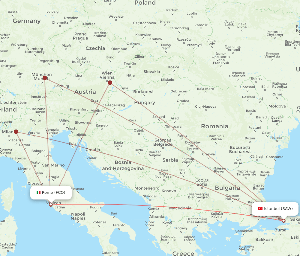 Istanbul - Rome route map and flight paths