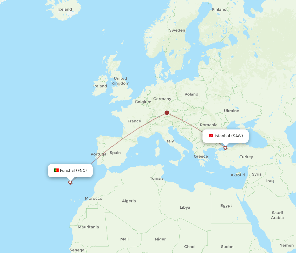 Funchal - Istanbul route map and flight paths
