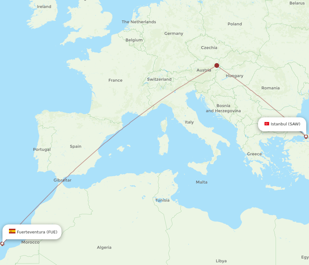 Istanbul - Puerto del Rosario route map and flight paths