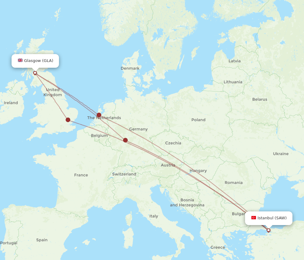SAW to GLA flights and routes map