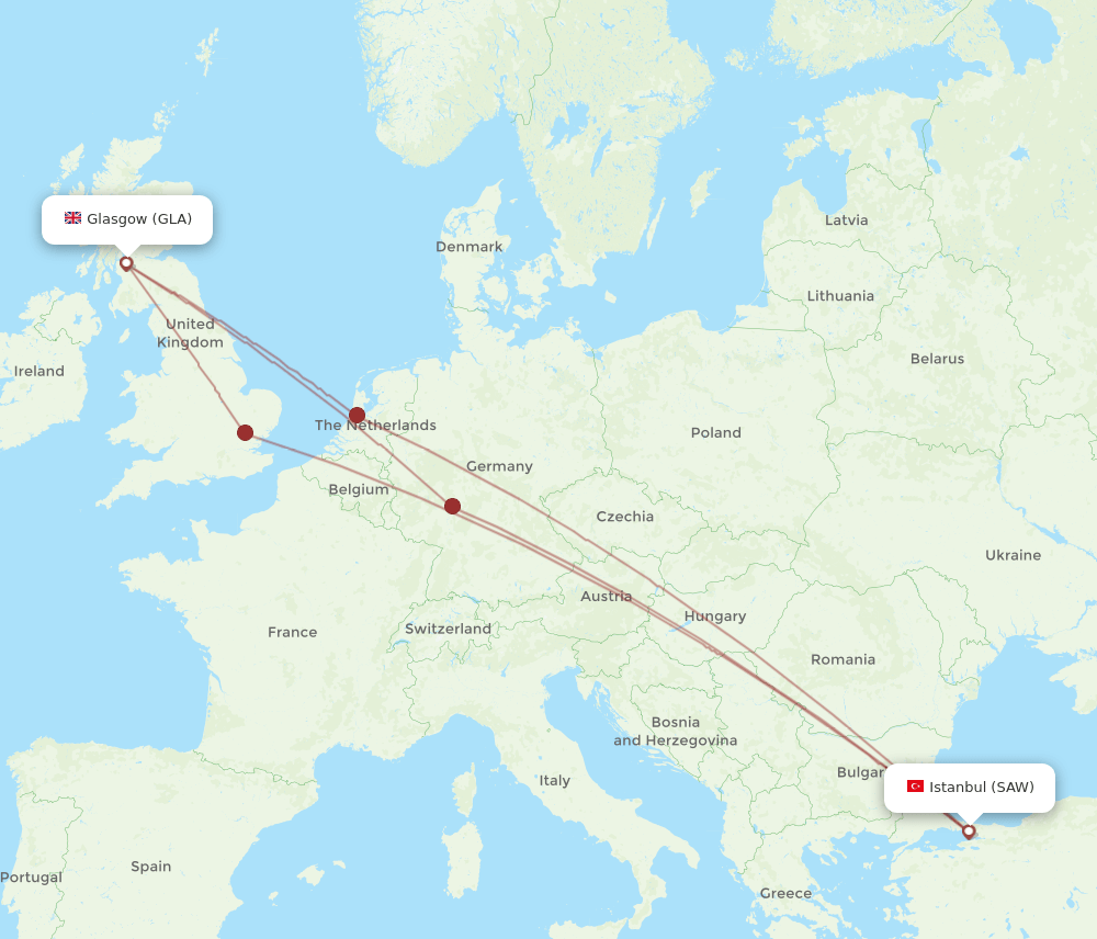 SAW to GLA flights and routes map