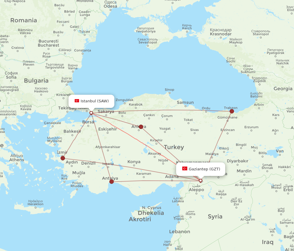 SAW to GZT flights and routes map