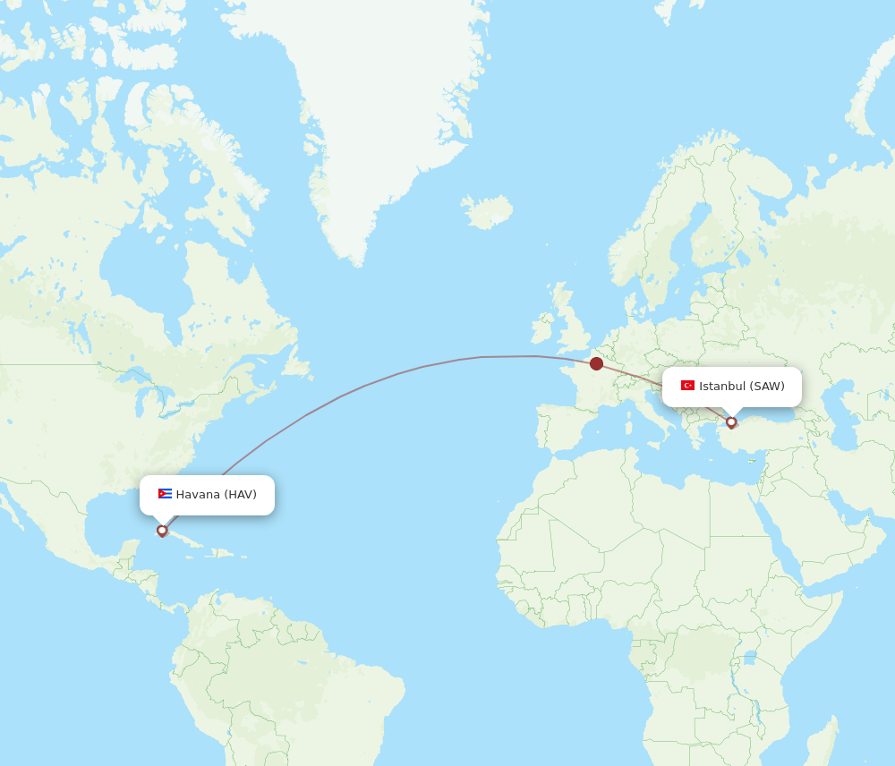 Istanbul - Havana route map and flight paths