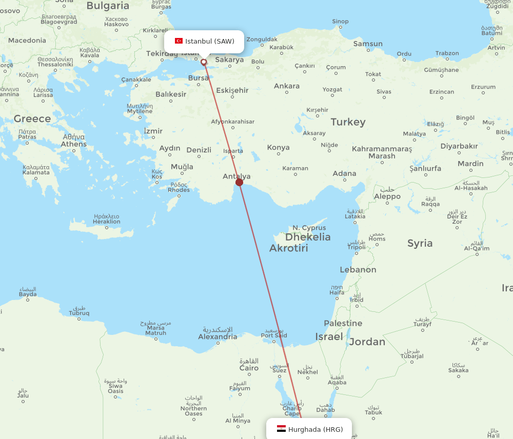 SAW to HRG flights and routes map