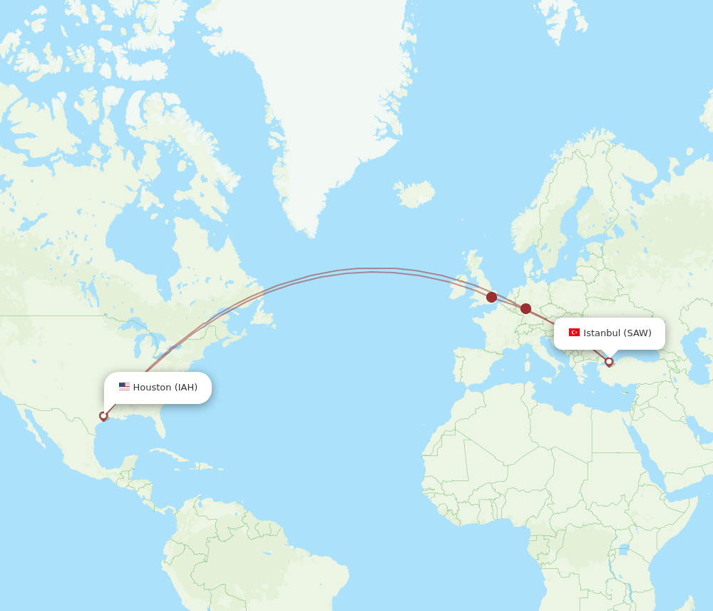 Istanbul - Houston route map and flight paths