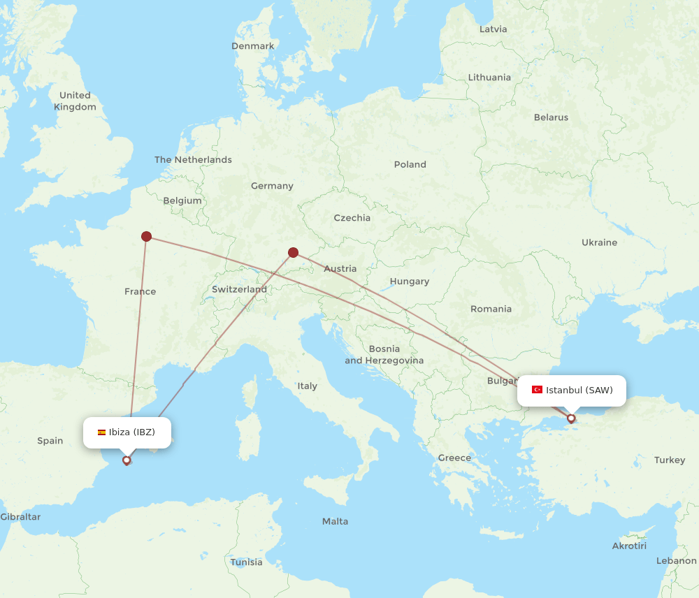 Ibiza - Istanbul route map and flight paths