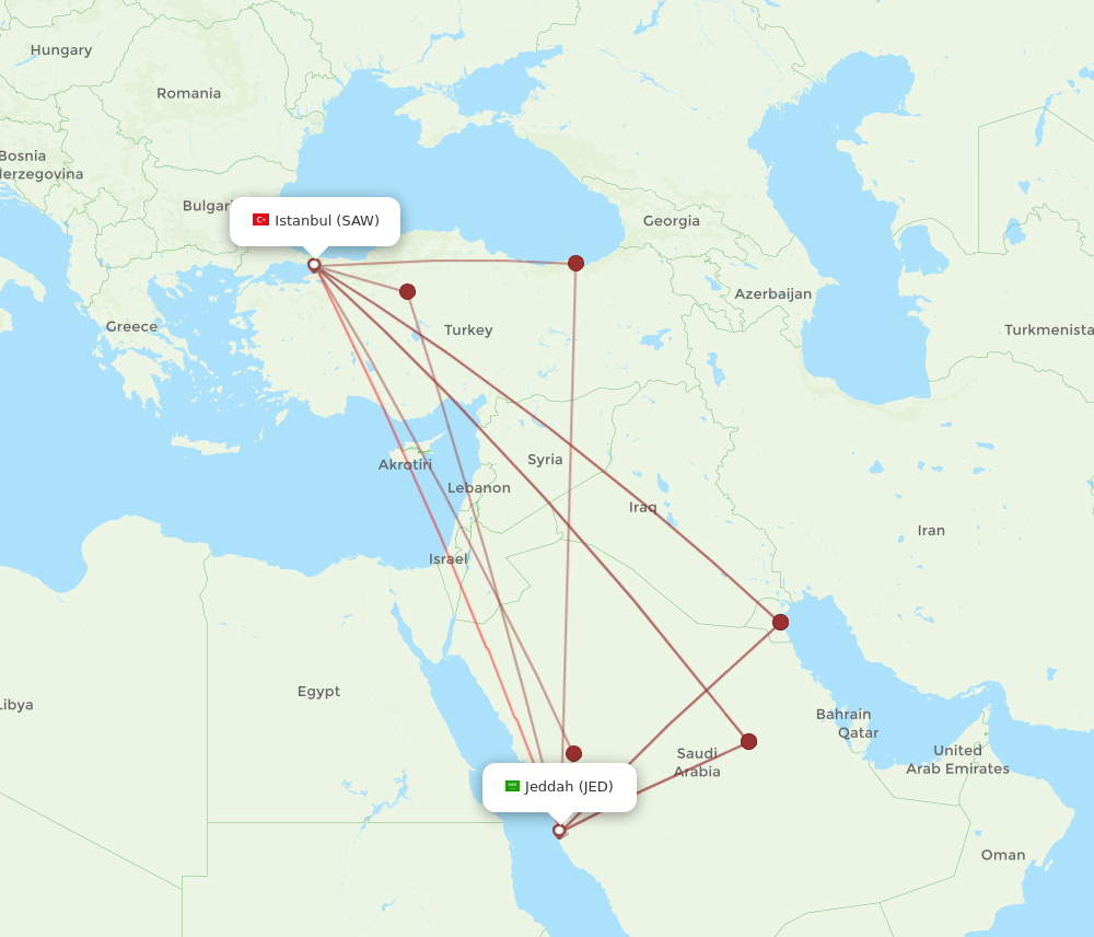 SAW to JED flights and routes map
