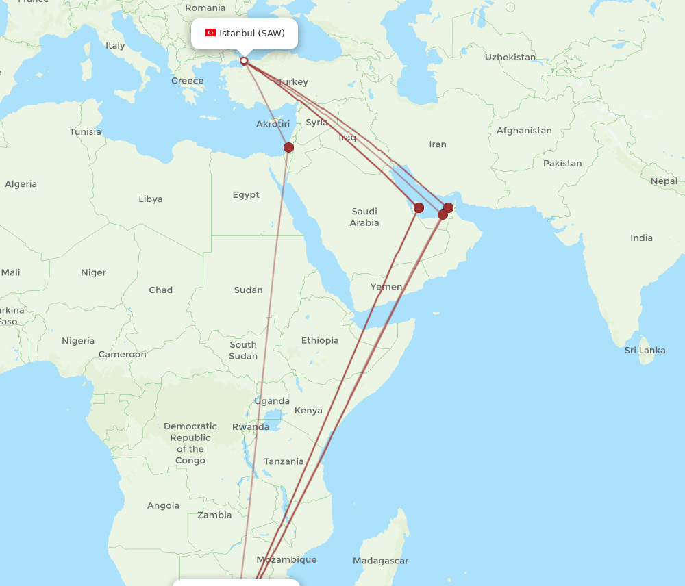 SAW-JNB flight routes