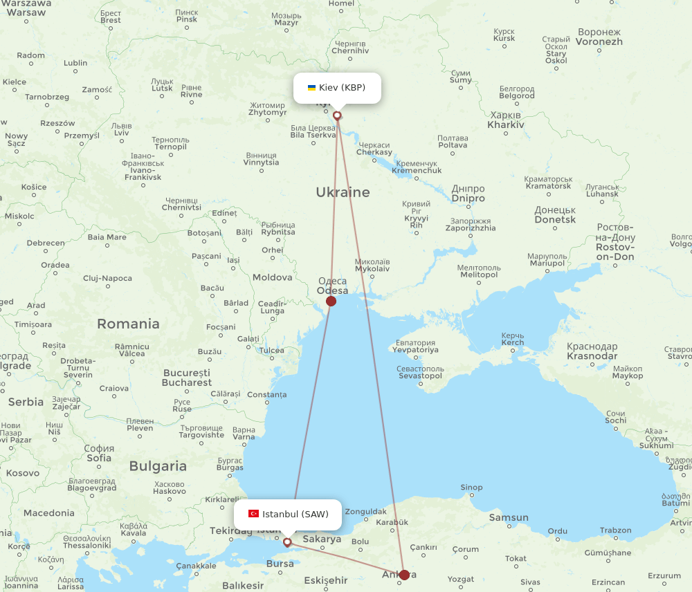 Istanbul - Kiev/Kyiv route map and flight paths