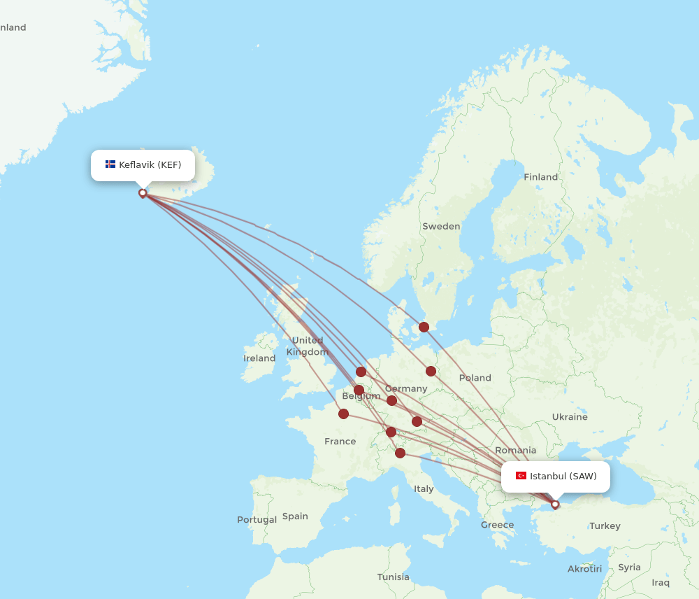 SAW-KEF flight routes