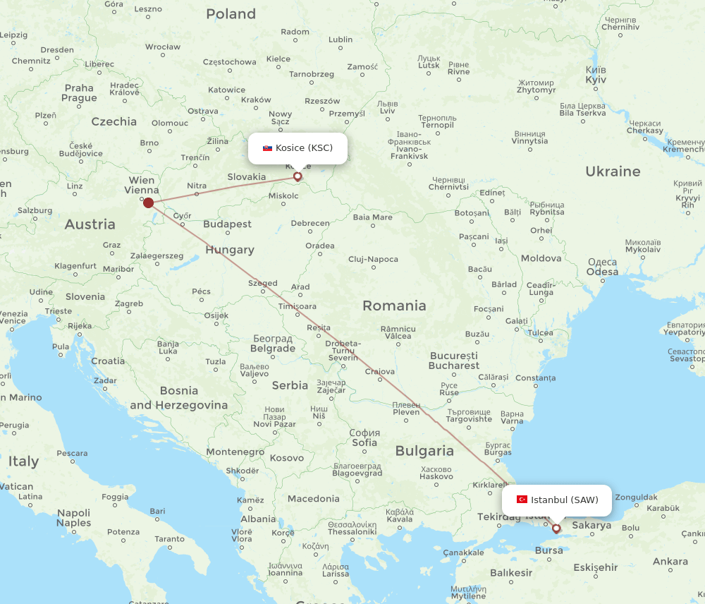 Istanbul - Kosice route map and flight paths