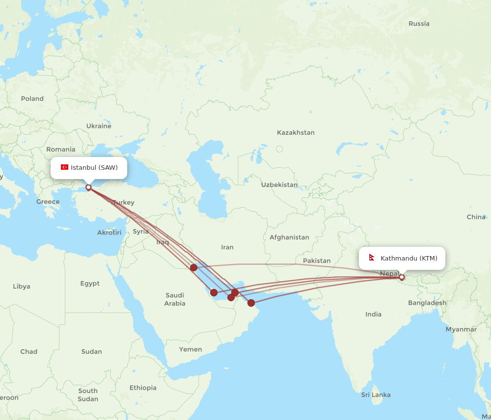 SAW to KTM flights and routes map