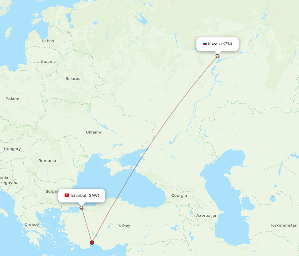 Kazan - Istanbul route map and flight paths