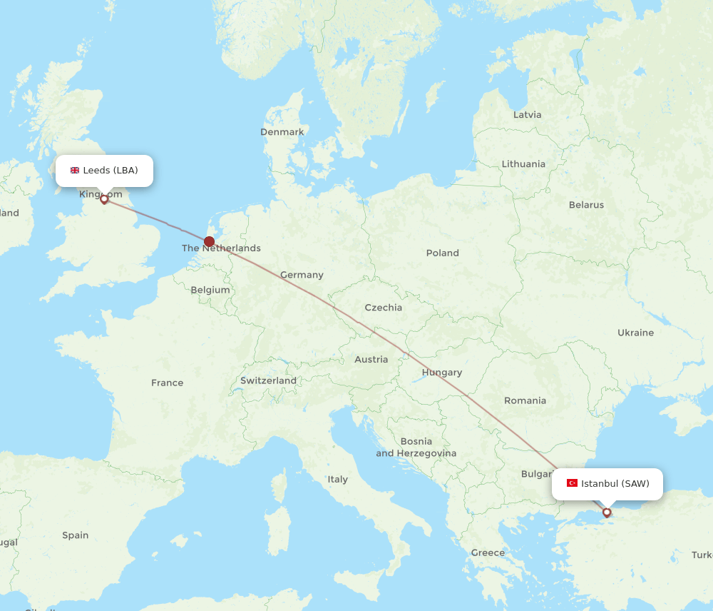 SAW to LBA flights and routes map