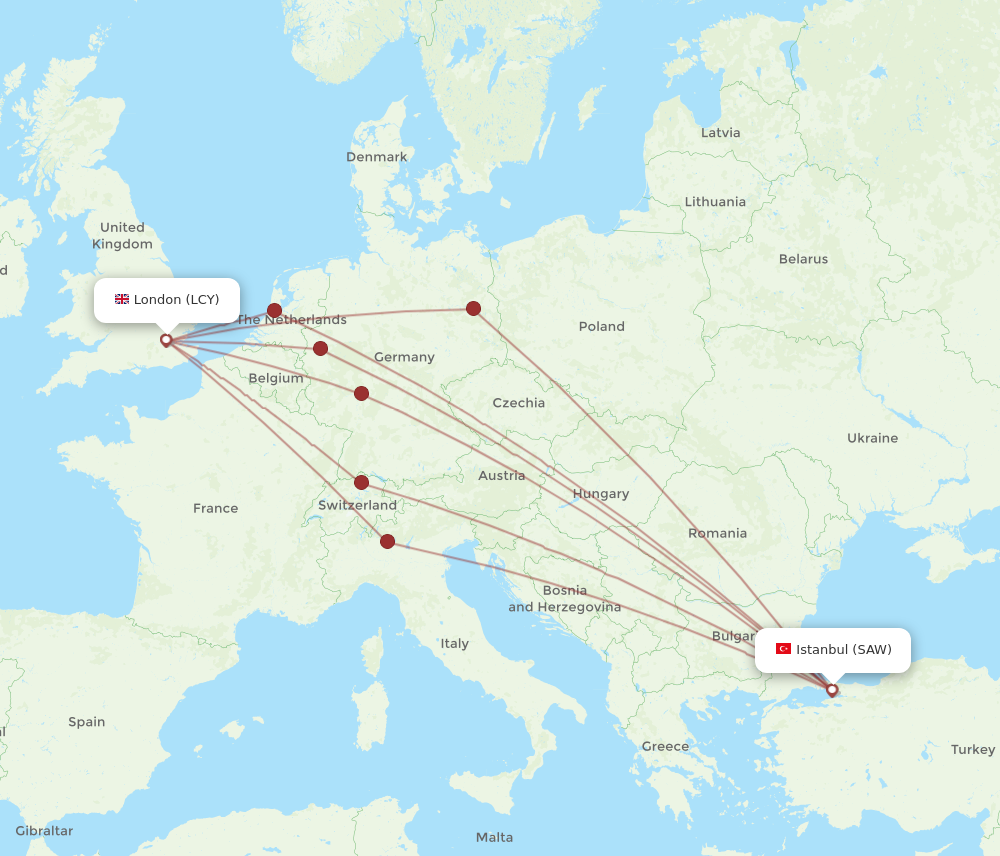 SAW to LCY flights and routes map