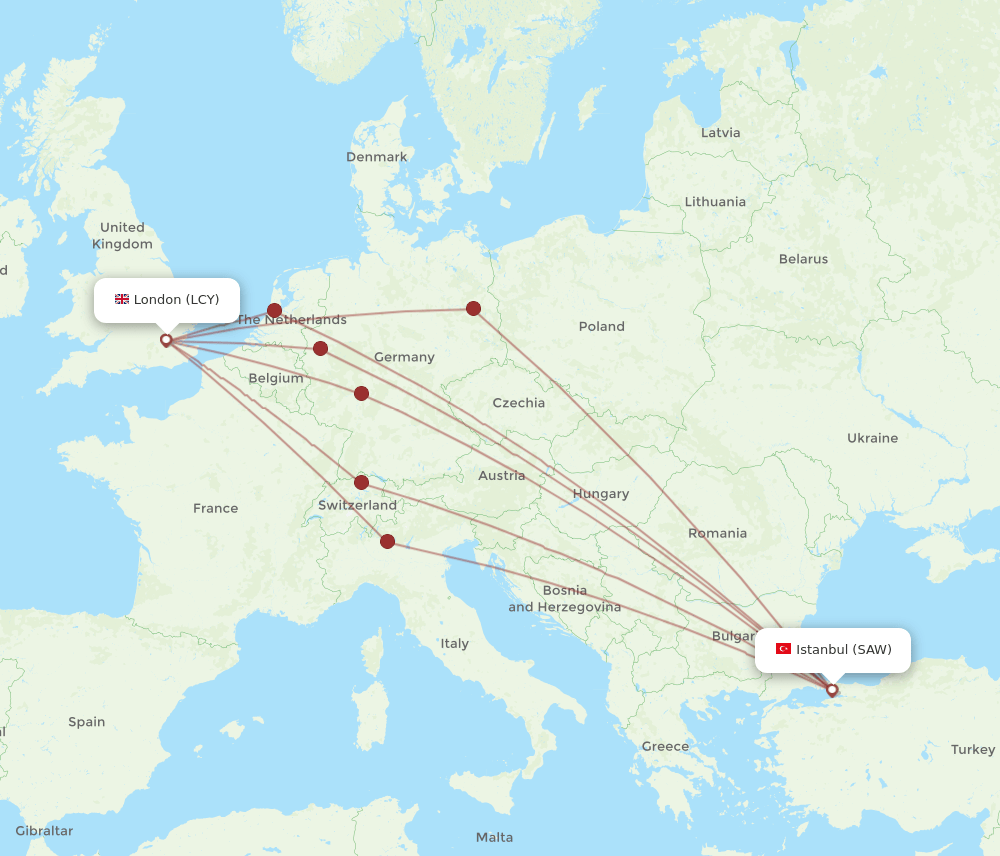 SAW to LCY flights and routes map