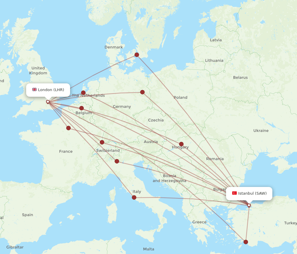 SAW to LHR flights and routes map