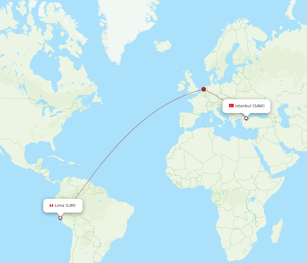 Istanbul - Lima route map and flight paths