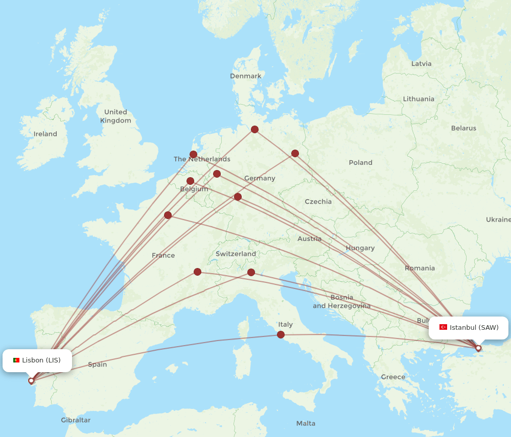 SAW-LIS flight routes