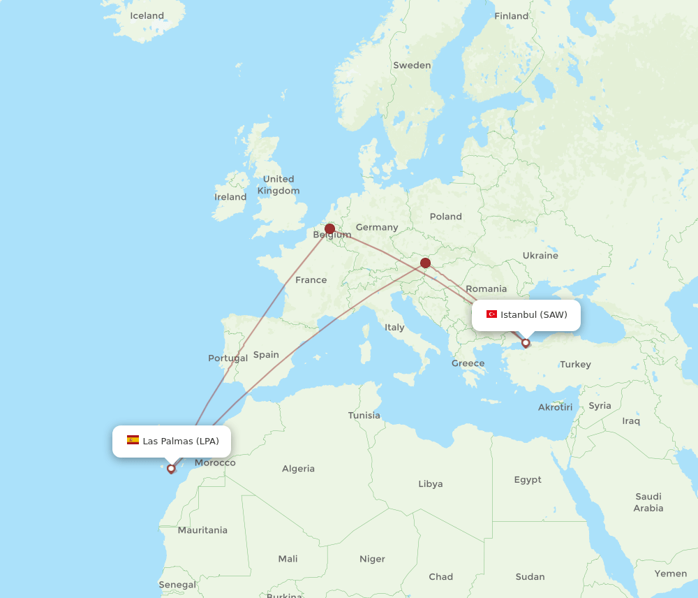 Las Palmas - Istanbul route map and flight paths