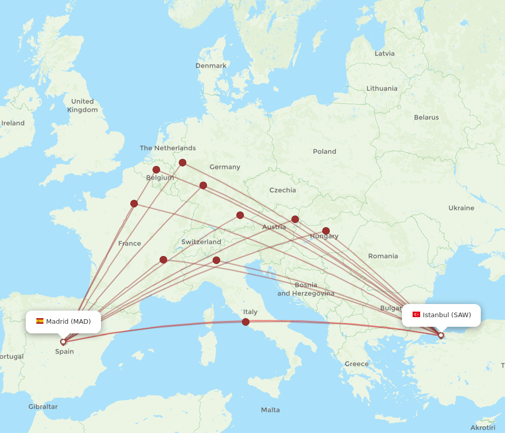 SAW-MAD flight routes