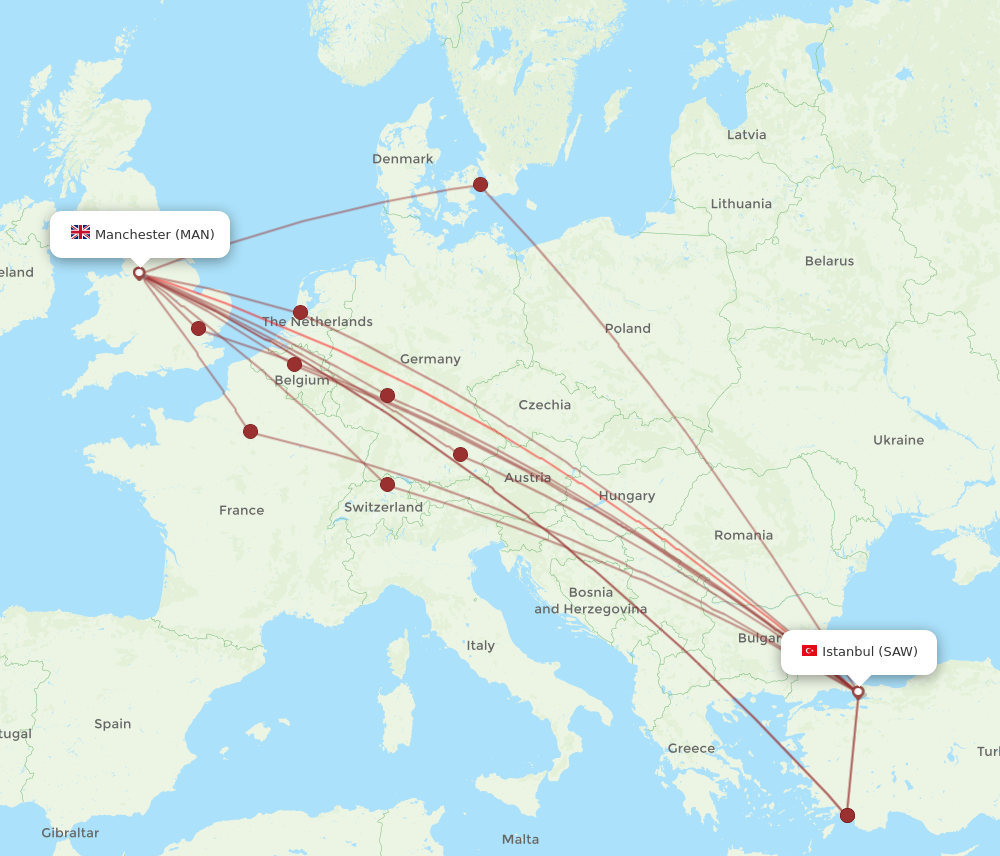 SAW to MAN flights and routes map