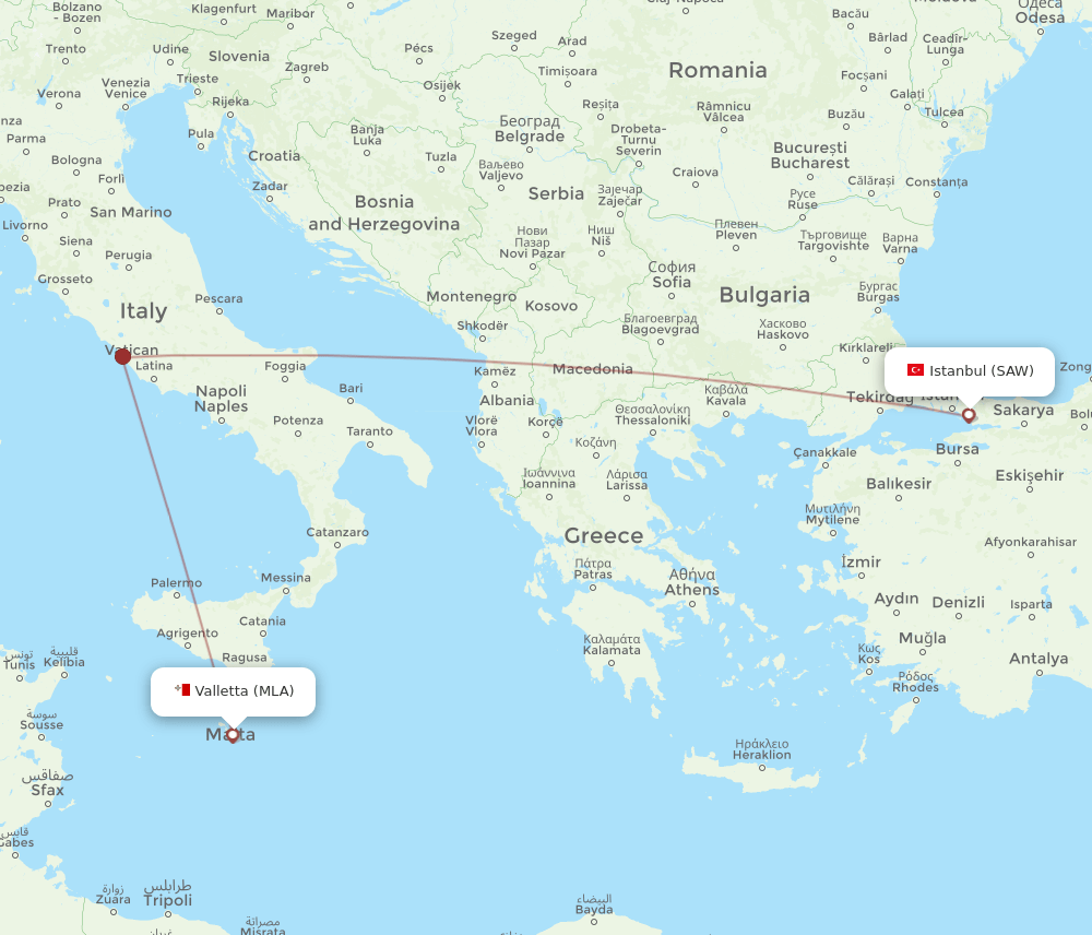 SAW-MLA flight routes