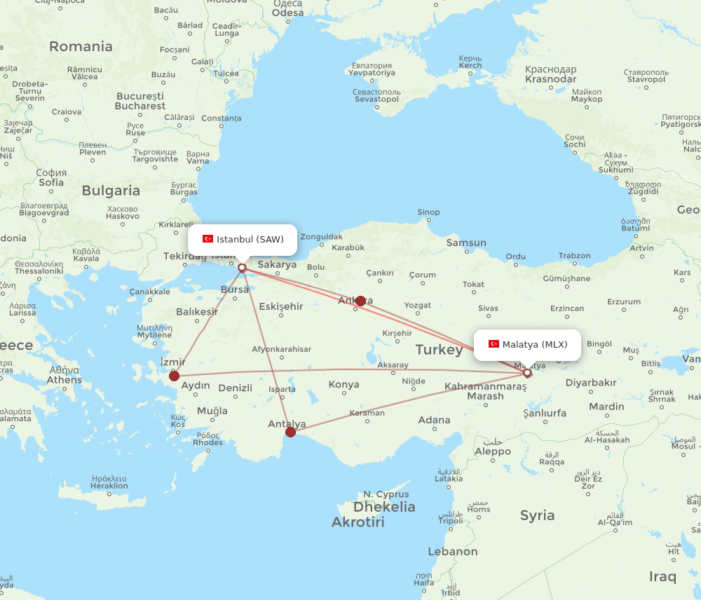 SAW to MLX flights and routes map