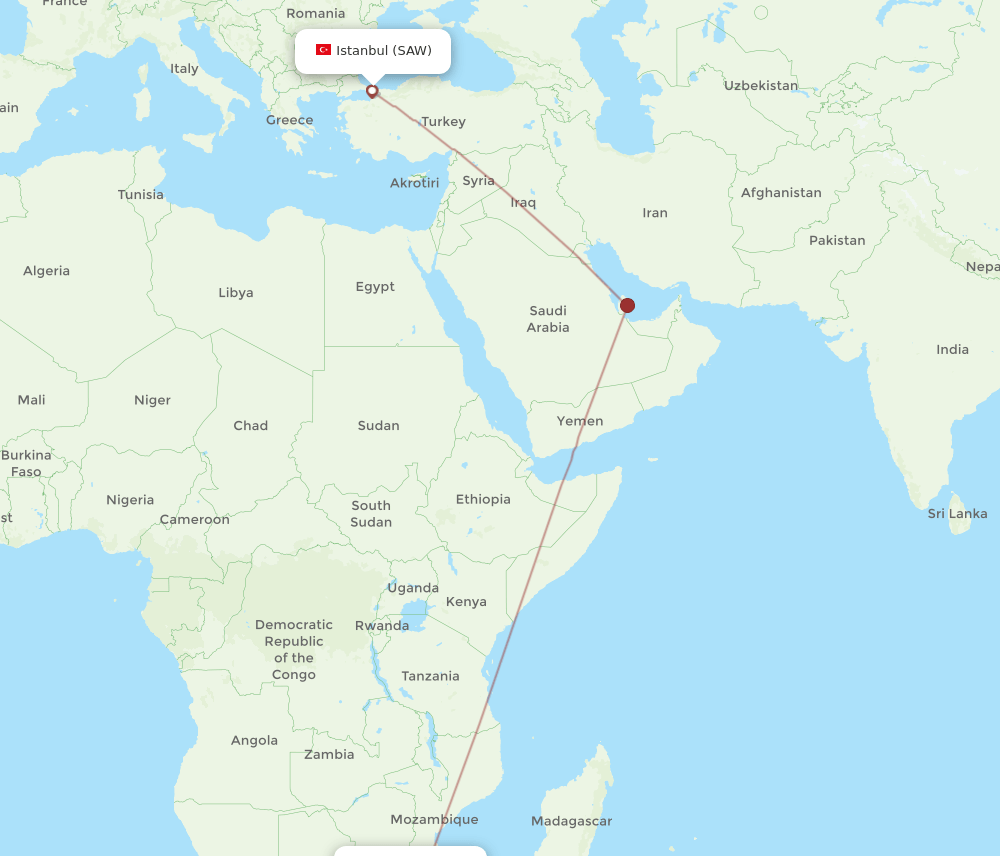 SAW to MPM flights and routes map