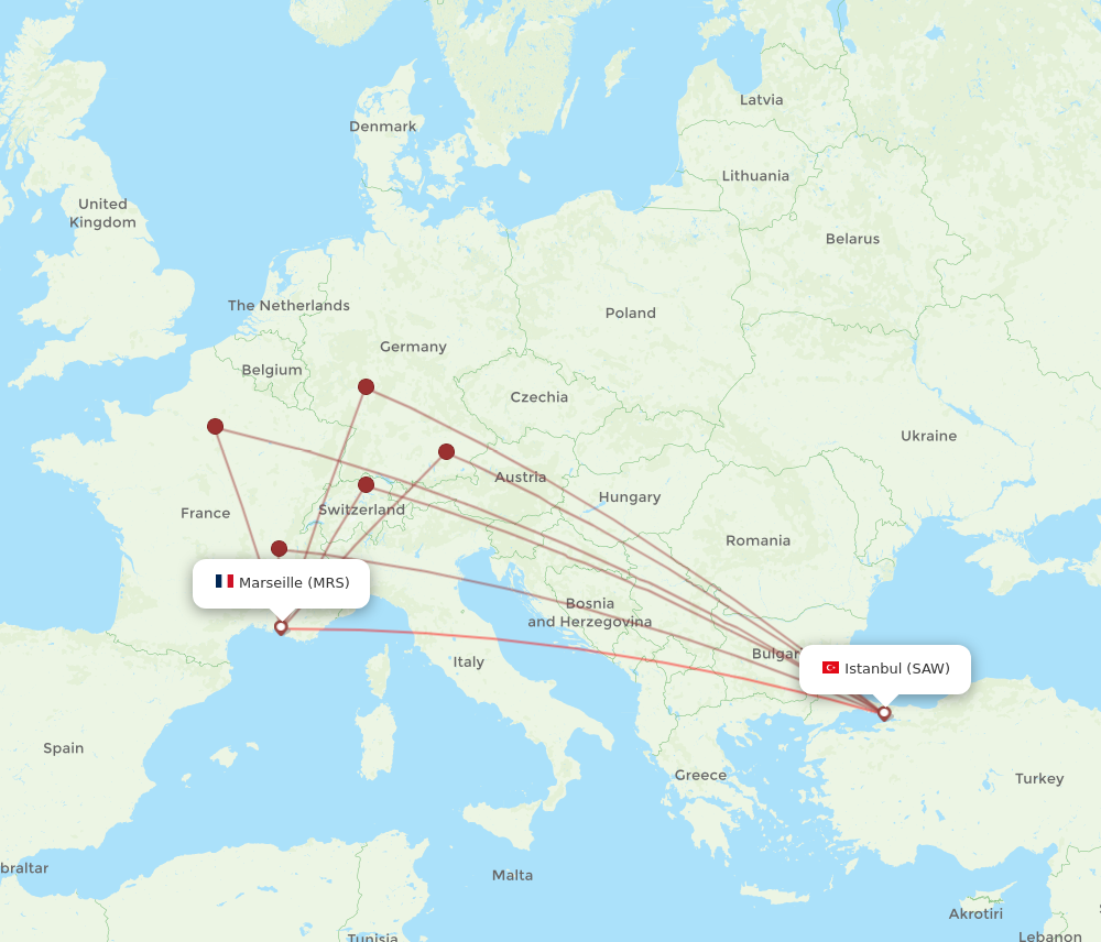 SAW to MRS flights and routes map