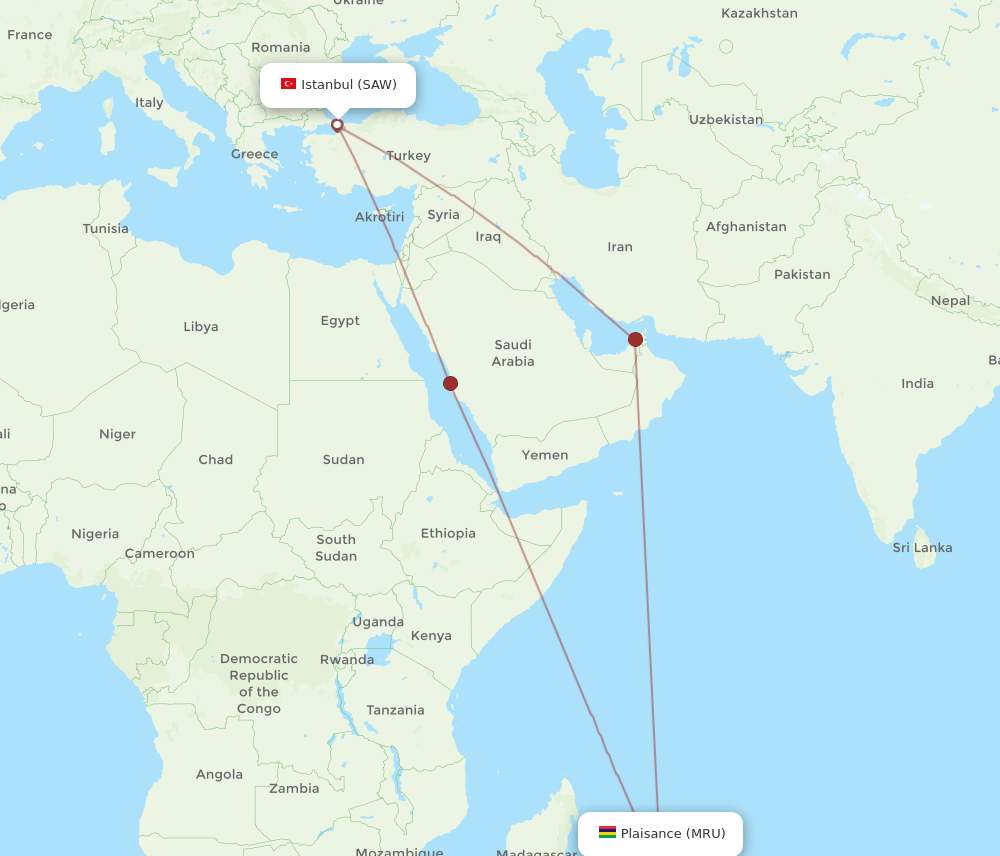 SAW-MRU flight routes