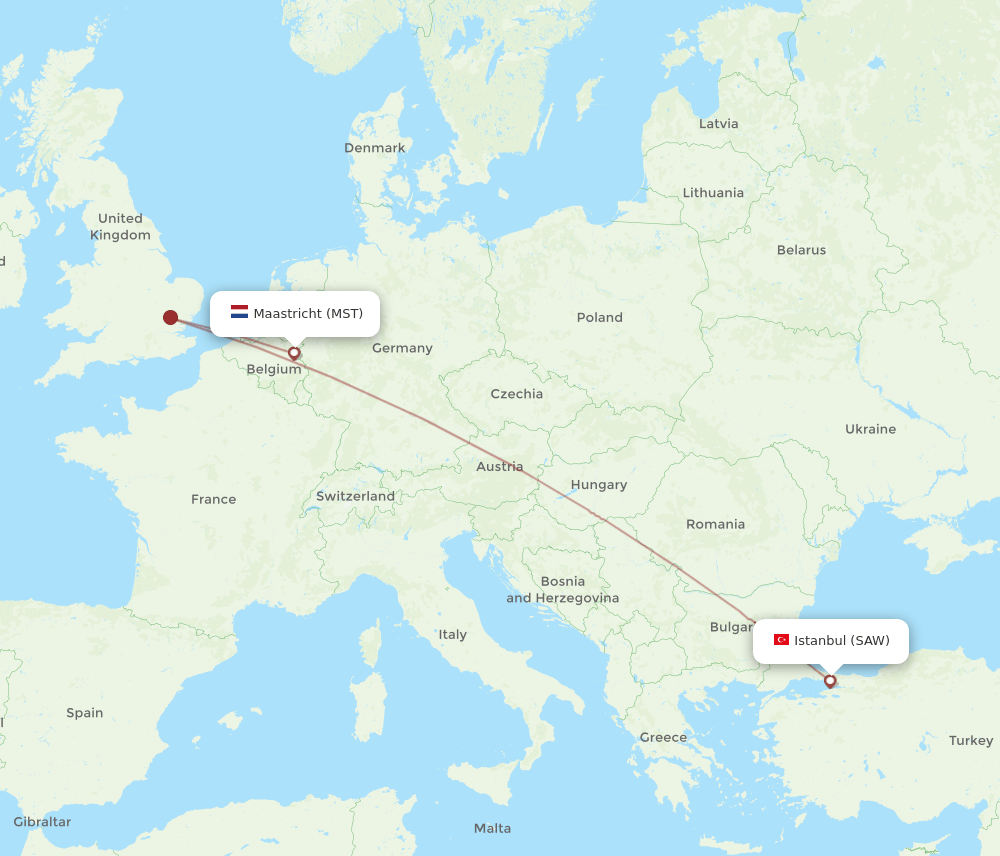 Istanbul - Maastricht route map and flight paths