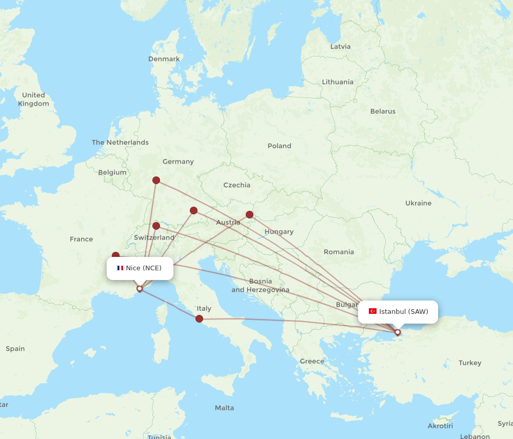 SAW to NCE flights and routes map