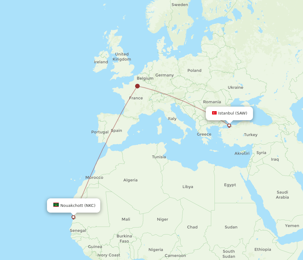 Istanbul - Nouakchott route map and flight paths