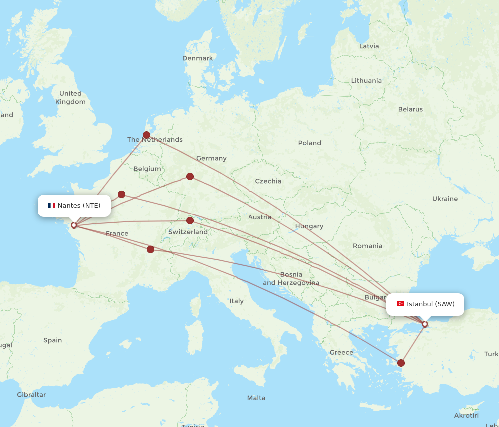 SAW to NTE flights and routes map