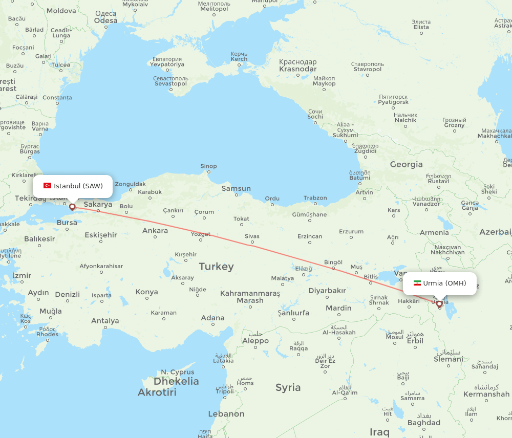 Istanbul - Nazluy-ye Jonubi route map and flight paths