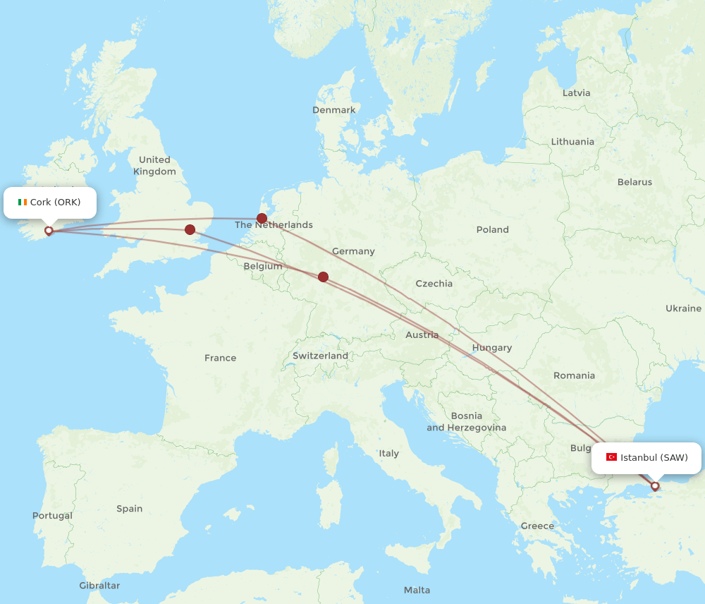 SAW to ORK flights and routes map