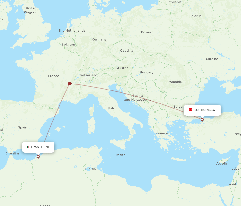 Istanbul - Oran route map and flight paths