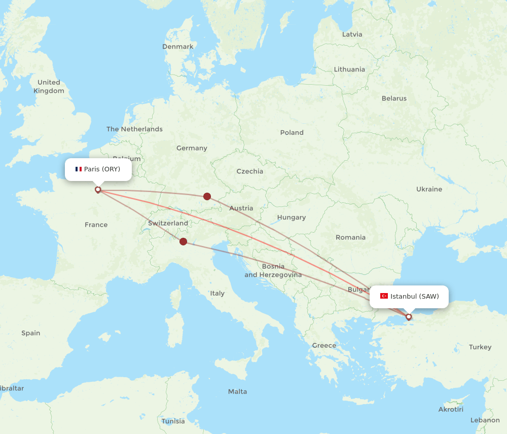Istanbul - Paris route map and flight paths