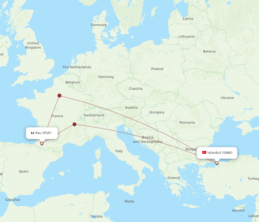 Istanbul - Pau route map and flight paths