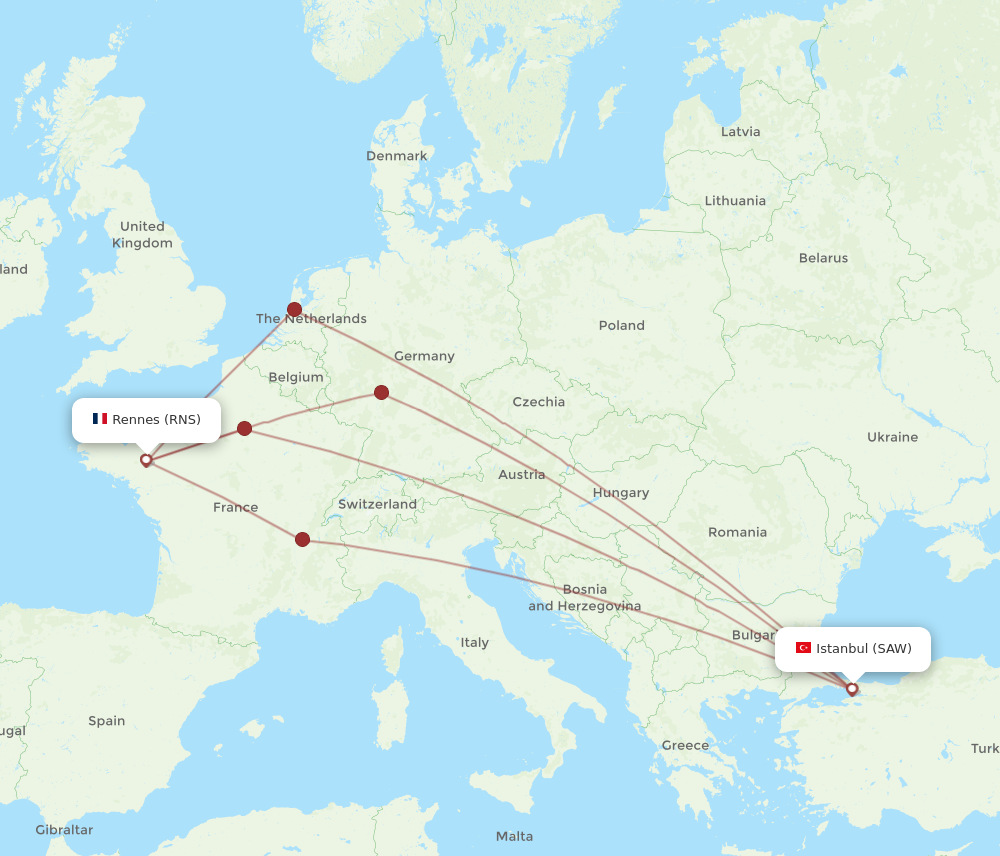 SAW to RNS flights and routes map
