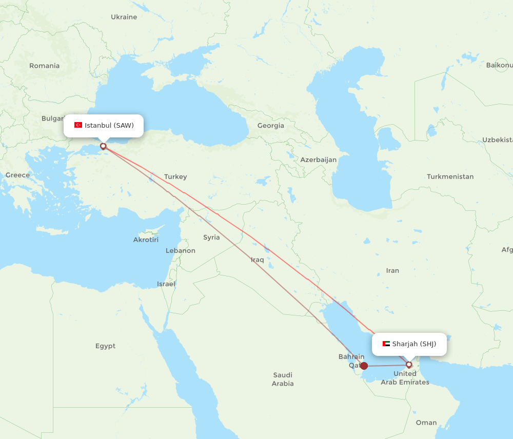 SAW to SHJ flights and routes map