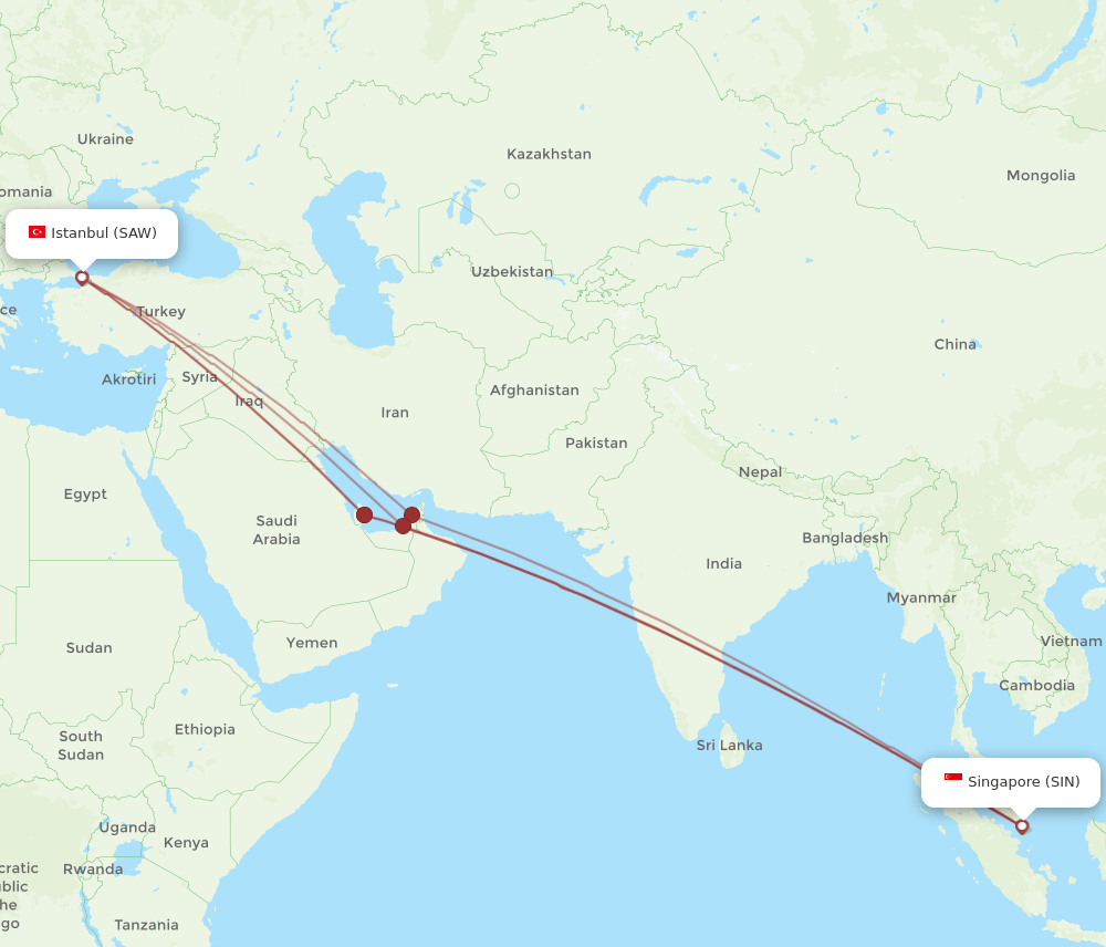 SAW-SIN flight routes