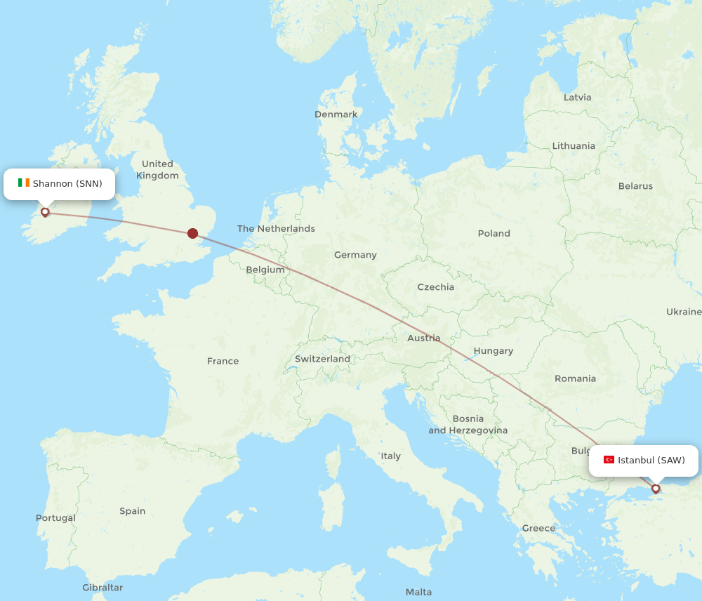 SAW to SNN flights and routes map