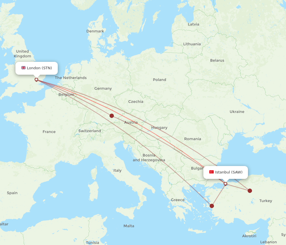 SAW to STN flights and routes map