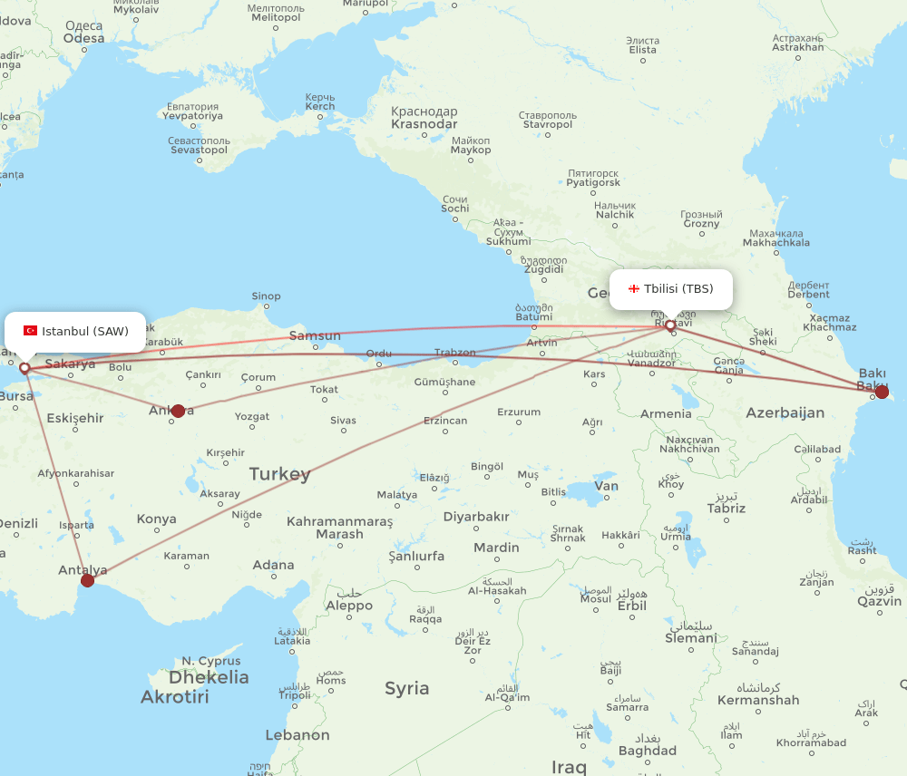 SAW to TBS flights and routes map